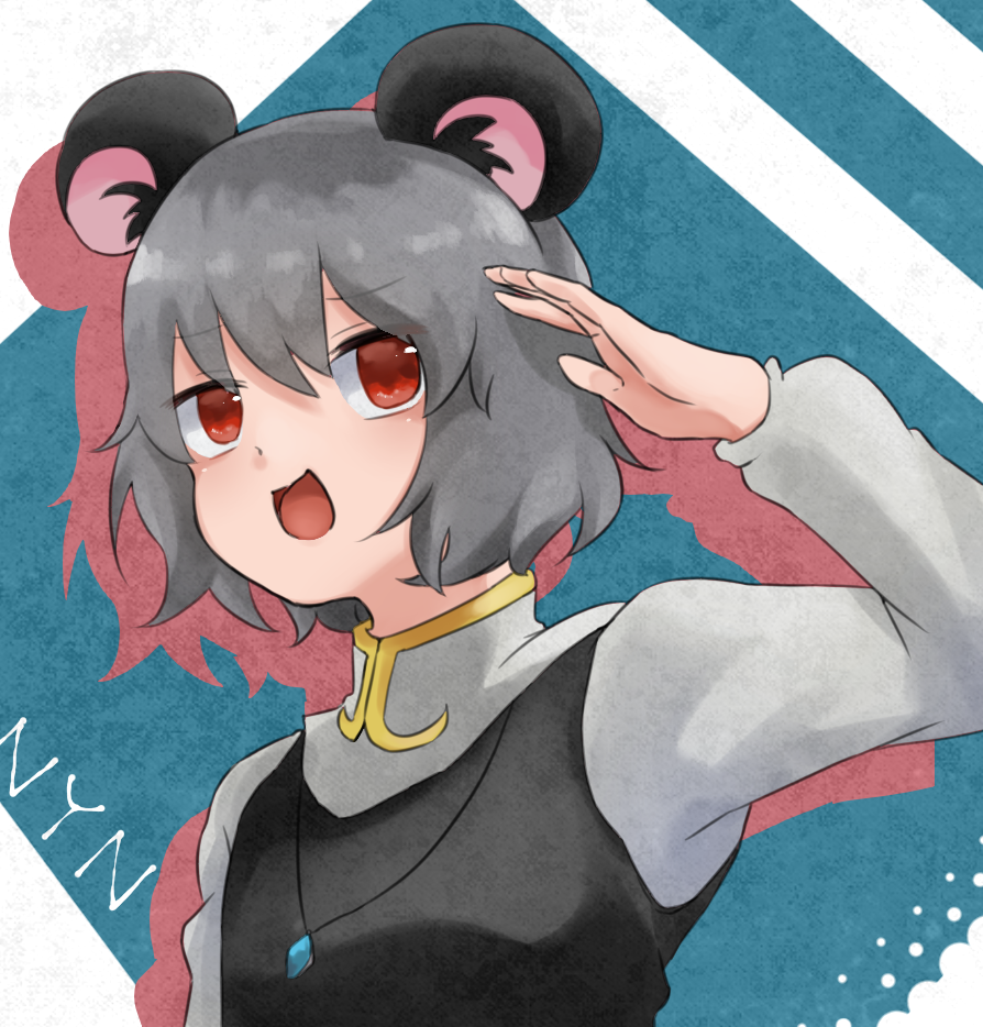 1girl animal_ears bangs capelet character_name commentary_request cookie_(touhou) crystal dare_who_zzzz drop_shadow eyebrows_visible_through_hair grey_hair grey_vest jewelry long_sleeves looking_to_the_side mouse_ears mouse_girl nazrin nyon_(cookie) open_mouth pendant red_eyes shirt short_hair smile solo touhou upper_body vest white_capelet white_shirt