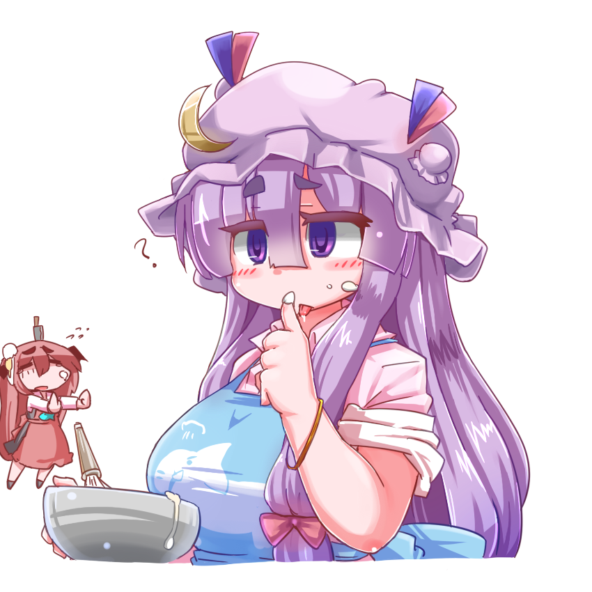 ? alternate_costume aoihitsuji apron bangs bat_wings blue_apron blunt_bangs blush bow breasts collared_shirt commentary_request cooking cracked_egg cream cream_on_face crescent crescent_hat_ornament demon_girl demon_wings egg egg_yolk eyebrows_visible_through_hair eyes_visible_through_hair flying_sweatdrops food food_on_face full_body hair_between_eyes hair_bow hat hat_ornament head_wings knife_in_head knifed koakuma large_breasts long_hair long_sleeves mob_cap open_mouth patchouli_knowledge pink_shirt purple_hair red_apron red_bow redhead shirt simple_background touhou upper_body very_long_hair violet_eyes whisk white_background white_shirt wings