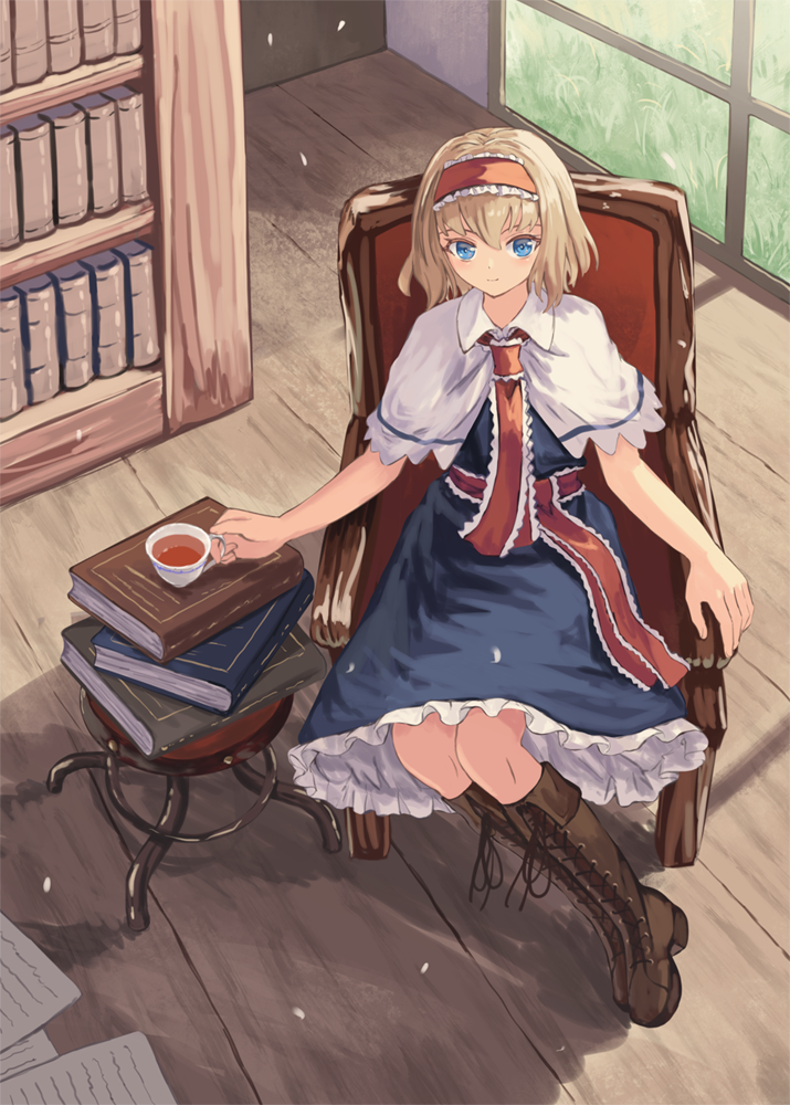 1girl alice_margatroid armchair bangs blue_dress blue_eyes book book_stack bookshelf boots brown_footwear brown_hair capelet chair closed_mouth commentary_request cross-laced_footwear cup dress eyebrows_behind_hair frilled_dress frilled_hairband frills hair_between_eyes hairband holding holding_cup indoors knee_boots lace-up_boots on_chair ookashippo red_hairband smile solo table tea teacup touhou white_capelet window wooden_floor