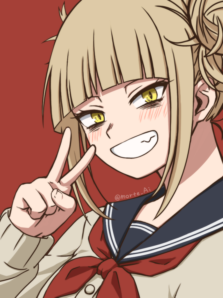 1girl bags_under_eyes bangs blonde_hair blue_sailor_collar blunt_bangs blush boku_no_hero_academia cardigan commentary_request double_bun grin hand_up happy long_sleeves looking_at_viewer messy_hair morte_ai neckerchief red_background red_neckwear sailor_collar sanpaku school_uniform serafuku short_hair sidelocks simple_background slit_pupils smile solo toga_himiko twitter_username upper_body v yellow_cardigan yellow_eyes