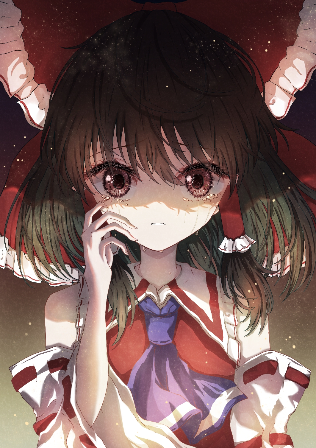 1girl ascot bangs black_hair bow brown_eyes crying detached_sleeves eyebrows_visible_through_hair gradient gradient_background hair_bow hair_tubes hakurei_reimu highres kayon_(touzoku) looking_at_viewer medium_hair nontraditional_miko open_mouth purple_neckwear red_bow ribbon-trimmed_sleeves ribbon_trim solo touhou upper_body