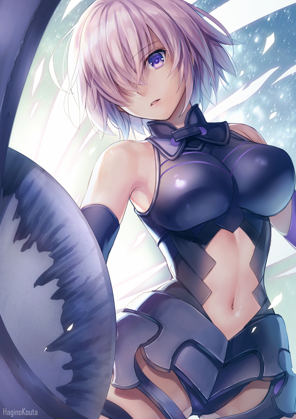 1girl armor armored_leotard artist_name ass_visible_through_thighs backlighting bangs bare_shoulders black_armor black_leotard breasts clothing_cutout commentary_request cowboy_shot elbow_gloves eyebrows_visible_through_hair fate/grand_order fate_(series) faulds gloves glowing groin_tendon hagino_kouta hair_over_one_eye halterneck highres impossible_clothes impossible_leotard legs_apart leotard light_purple_hair looking_at_viewer mash_kyrielight medium_breasts navel navel_cutout parted_lips photoshop_(medium) revision shield short_hair skin_tight solo standing straight_hair thigh_strap thighs turtleneck violet_eyes
