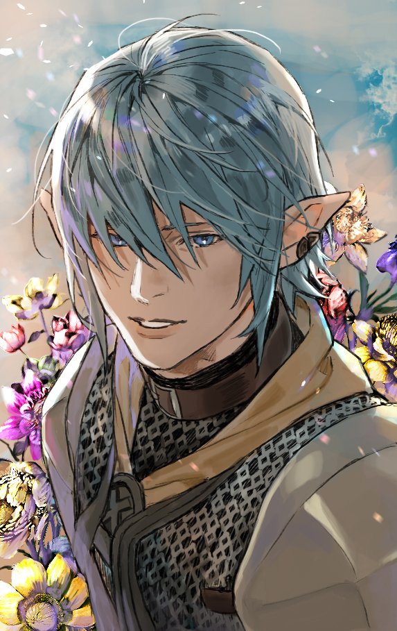 1boy armor bangs blue_eyes blue_hair brown_collar chainmail collar earclip elezen elf final_fantasy final_fantasy_xiv flower hair_over_eyes haurchefant_greystone jya looking_at_viewer male_focus parted_lips pauldrons pointy_ears portrait short_hair shoulder_armor smile solo