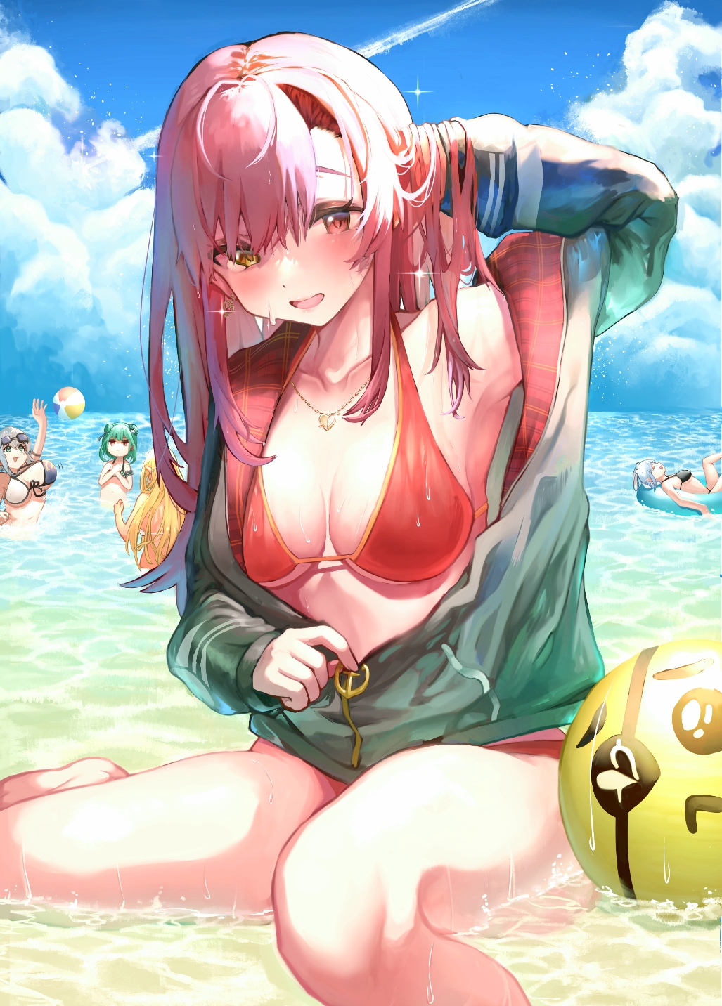 5girls :d beach bikini bikini_under_clothes black_jacket blue_sky blush breast_envy breasts earrings halter_top halterneck heart heart_earrings heart_necklace heterochromia highres hololive hololive_fantasy hood hooded_jacket houshou_marine jacket jewelry long_hair medium_breasts multiple_girls ocean open_mouth partially_unzipped red_bikini red_eyes redhead shiranui_flare shirogane_noel sitting sky smile solo_focus straight_hair string_bikini swimsuit uruha_rushia usada_pekora virtual_youtuber yamada_(iroha97151188) yellow_eyes