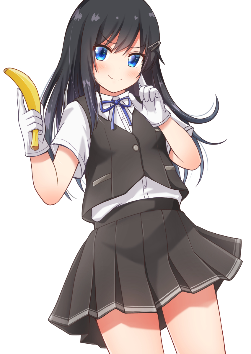 1girl alternate_costume asashio_(kancolle) banana black_hair black_skirt black_vest blue_eyes blue_ribbon buttons collared_shirt comiching cosplay dress_shirt eyebrows_visible_through_hair finger_to_mouth food fruit gloves hair_between_eyes hair_ornament hairclip highres kantai_collection long_hair neck_ribbon one_eye_closed oyashio_(kancolle) oyashio_(kancolle)_(cosplay) pleated_skirt ribbon shirt short_sleeves simple_background skirt solo vest white_gloves white_shirt