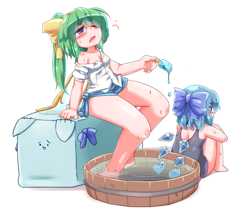 2girls alternate_costume aoihitsuji bangs black_swimsuit blue_bow blue_eyes blue_hair blue_shorts bow breasts bucket cirno collared_shirt commentary_request daiyousei eyebrows_visible_through_hair fairy_wings food full_body green_hair hair_bow hot ice ice_wings long_hair melting multiple_girls off_shoulder one-piece_swimsuit one_eye_closed open_mouth ponytail popsicle puffy_short_sleeves puffy_sleeves shirt short_hair short_sleeves shorts simple_background sitting small_breasts swimsuit touhou wading water white_background white_shirt wings yellow_bow
