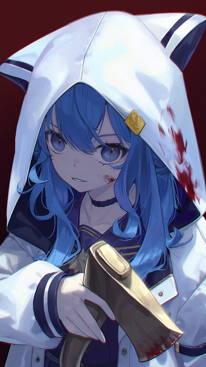 1girl animal_ears animal_hood axe bangs blood blood_on_clothes blue_eyes blue_hair blue_sailor_collar blue_shirt collarbone commentary_request eyebrows_behind_hair fake_animal_ears hair_between_eyes highres holding holding_axe hololive hood hood_up hooded_jacket hoshimachi_suisei jacket long_hair long_sleeves looking_at_viewer parted_lips puffy_long_sleeves puffy_sleeves red_background sailor_collar shirt simple_background sleeves_past_wrists solo star_(symbol) star_in_eye symbol_in_eye upper_body virtual_youtuber white_jacket whitem_(whiteemperor2020)