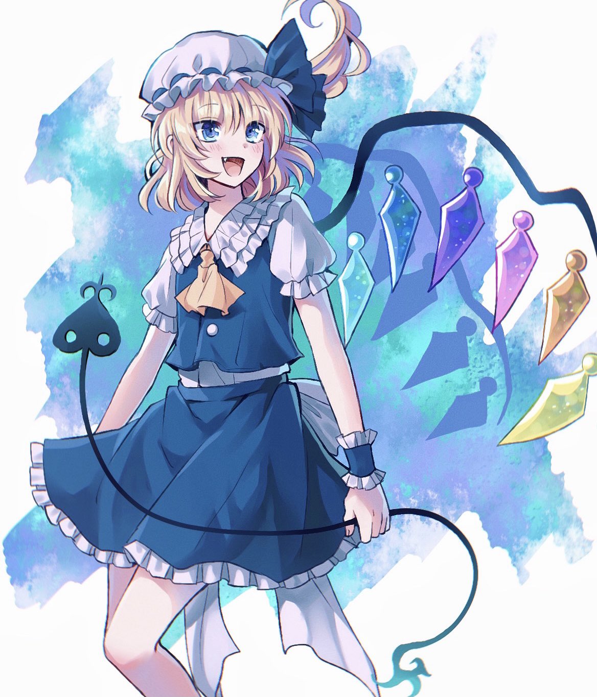 1girl alternate_color alternate_eye_color ascot back_bow blonde_hair blue_eyes blue_ribbon blue_skirt blush bow commentary_request crystal eyebrows_visible_through_hair fang flandre_scarlet frilled_shirt_collar frilled_skirt frills hair_between_eyes hat hat_ribbon highres holding laevatein_(touhou) looking_to_the_side mob_cap multicolored multicolored_wings nr_mkn open_mouth puffy_short_sleeves puffy_sleeves ribbon shirt short_sleeves side_ponytail skirt solo standing tongue touhou white_bow white_shirt wings wrist_cuffs yellow_neckwear