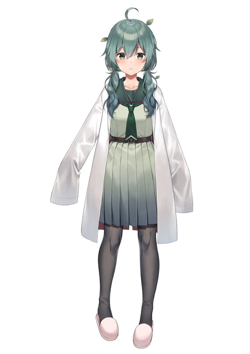 1girl bangs black_legwear blush closed_mouth commentary_request eyebrows_behind_hair full_body green_eyes green_hair green_neckwear green_sailor_collar green_serafuku green_shirt green_skirt hair_between_eyes hair_over_shoulder highres labcoat long_hair long_sleeves looking_at_viewer low_twintails midorikawa_you open_clothes original pantyhose pleated_skirt sailor_collar shirt simple_background skirt sleeves_past_fingers sleeves_past_wrists slippers solo standing twintails white_background white_footwear