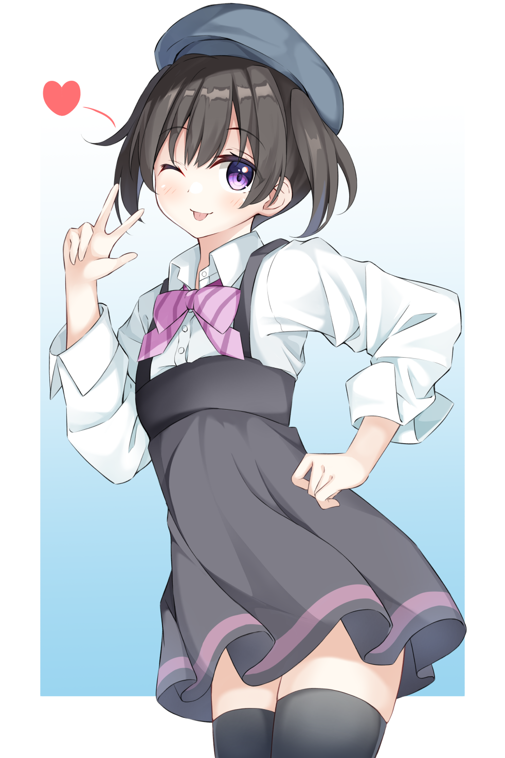 1girl ;p bangs beret black_dress black_hair black_legwear blue_background blue_headwear blush border bow bowtie collared_shirt commentary_request dress employee_uniform eyebrows_visible_through_hair fading_border gradient gradient_background hand_on_hip hand_up happy hat heart highres keito4f kuraue_hinata long_sleeves looking_at_viewer one_eye_closed outside_border pinafore_dress purple_bow purple_neckwear shirt short_hair smile solo standing thigh-highs tongue tongue_out twintails uniform violet_eyes w white_border white_shirt yama_no_susume