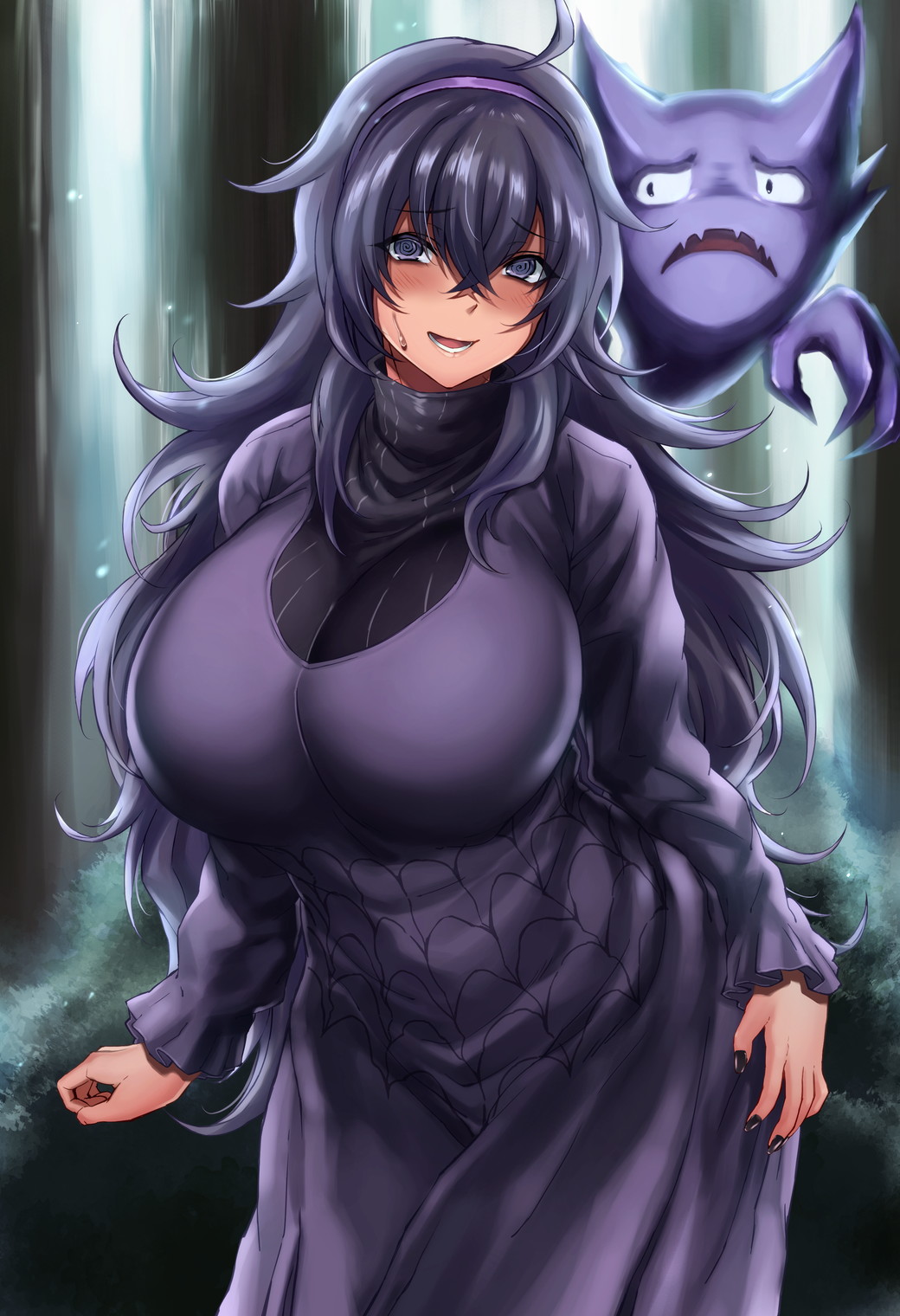 1girl @_@ alternate_breast_size bags_under_eyes blush breasts commentary_request dress eyebrows_visible_through_hair hairband haunter hex_maniac_(pokemon) highres hikari_(komitiookami) huge_breasts long_dress long_hair looking_at_viewer messy_hair muffin_top open_mouth outdoors pokemon pokemon_(creature) pokemon_(game) pokemon_xy purple_hair purple_hairband revision ribbed_sweater shiny shiny_hair shiny_skin standing stomach sweater violet_eyes