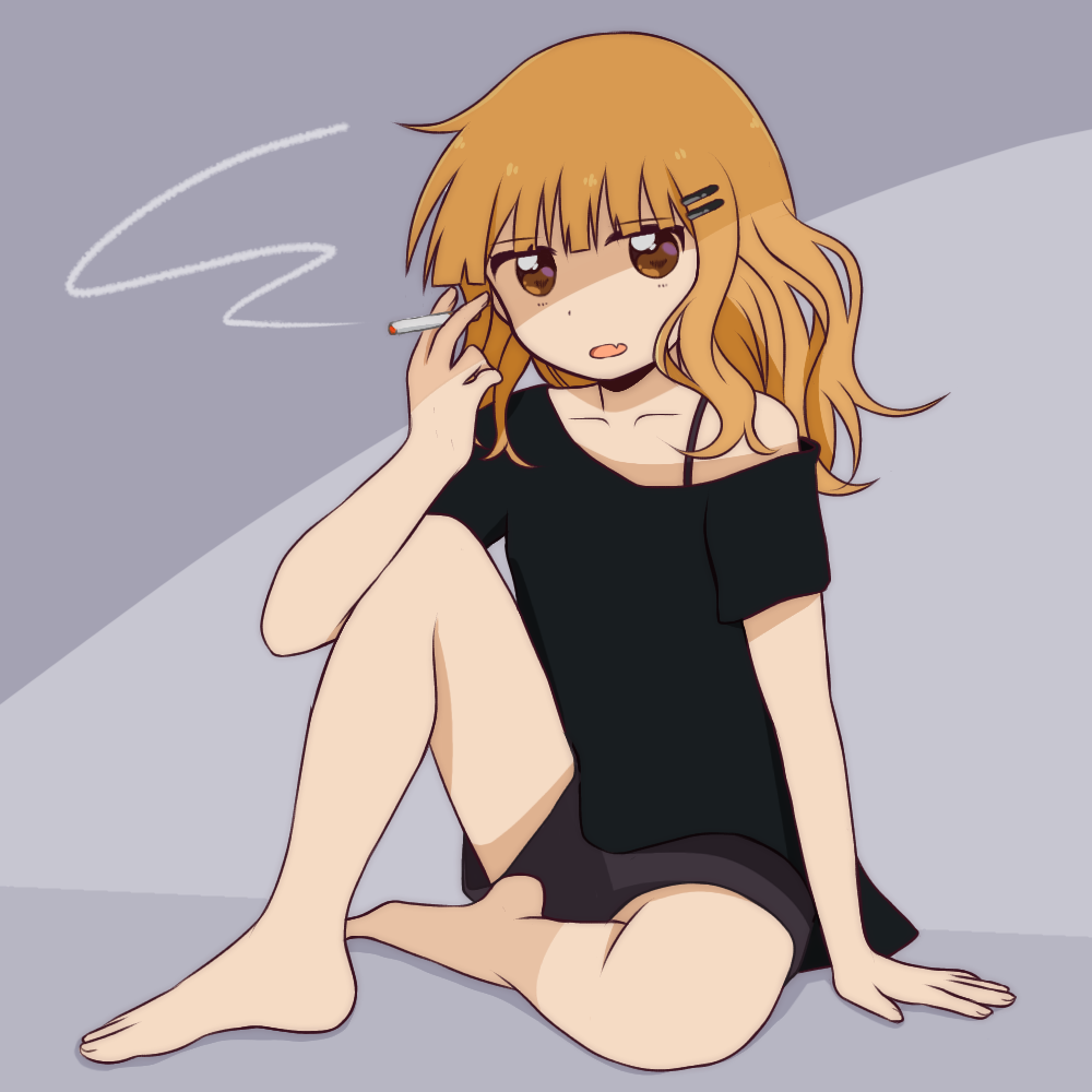 1girl arm_support bangs barefoot between_fingers black_shirt black_shorts blonde_hair brown_eyes cigarette collarbone commentary_request fang full_body goron_(phde2424) grey_background hair_ornament hairclip hand_up holding holding_cigarette knee_up long_hair looking_at_viewer oomuro-ke oomuro_sakurako open_mouth shadow shirt short_sleeves shorts single_bare_shoulder sitting skin_fang smoke smoking solo wavy_hair yuru_yuri