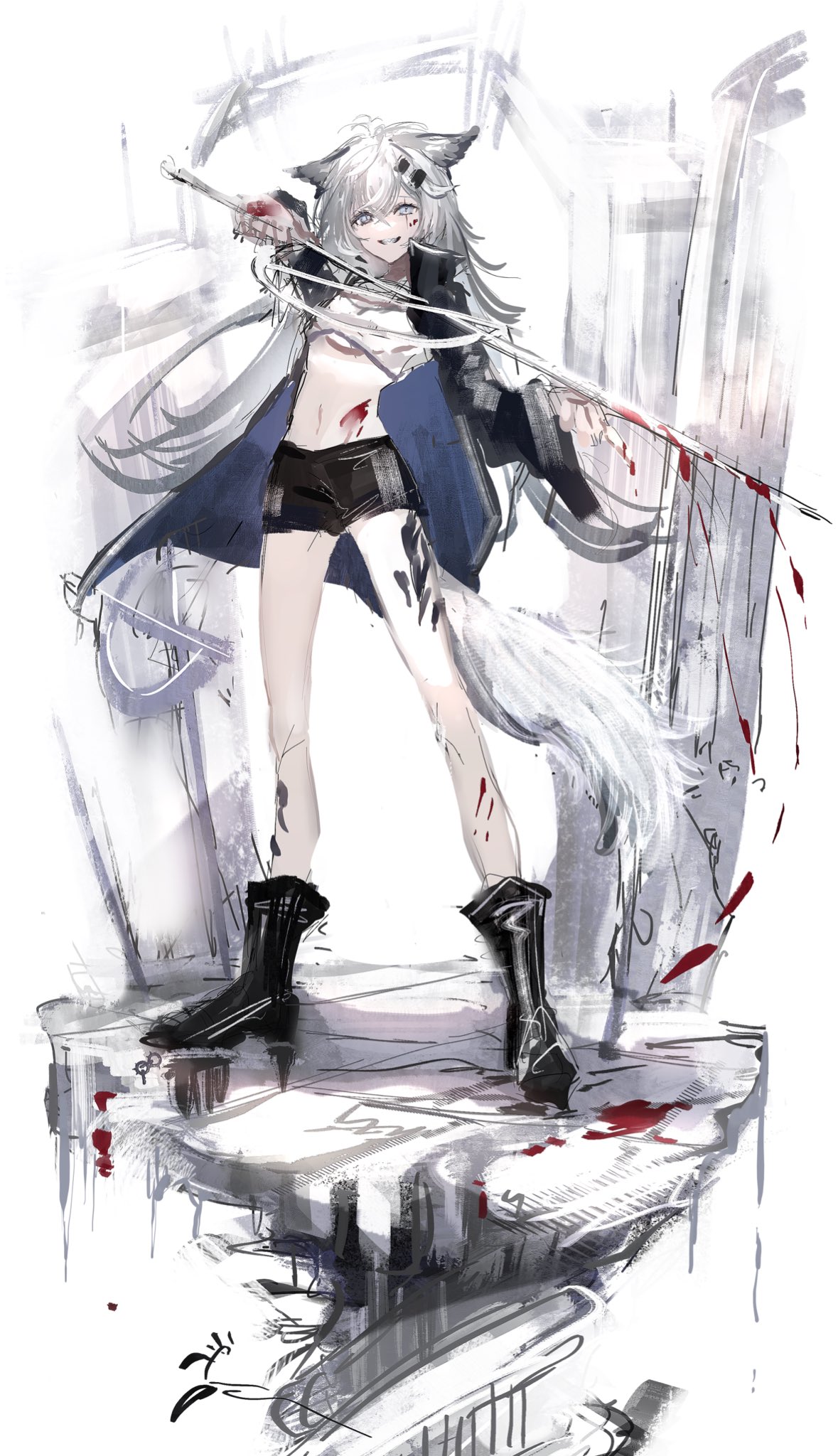 1girl animal_ears arknights black_footwear black_jacket black_shorts blood blood_on_chest blood_on_ground blood_on_leg blood_on_weapon boots commentary grey_eyes hair_ornament hairclip highres holding holding_sword holding_weapon jacket lappland_(arknights) long_hair long_sleeves midriff nanaponi navel open_clothes open_jacket oripathy_lesion_(arknights) parted_lips scar scar_across_eye shorts silver_hair solo sword tail weapon white_background wolf_ears wolf_girl wolf_tail