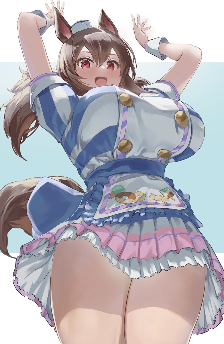 1girl animal_ears apron arms_up breasts brown_eyes brown_hair dress from_below hat highres hishi_akebono_(umamusume) horse_ears horse_girl horse_tail huge_breasts plaster_(2501) striped striped_dress tail twintails umamusume wrist_cuffs