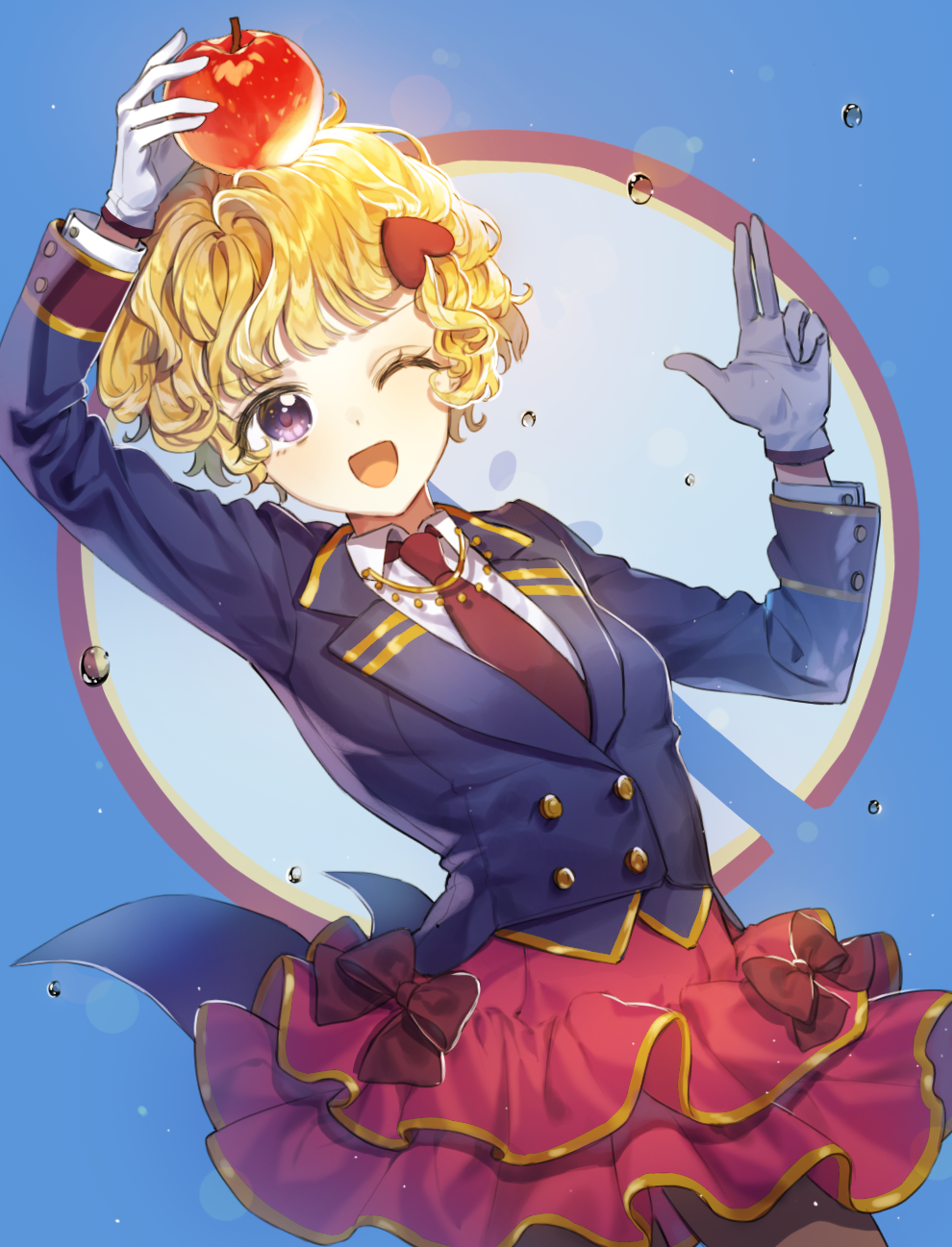 1girl ;d apple_on_head blonde_hair blue_background blue_jacket bow gloves gold_trim hair_ornament hands_up heart heart_hair_ornament highres jacket long_sleeves mongpu necktie one_eye_closed open_mouth original red_bow red_neckwear red_skirt short_hair simple_background skirt smile standing uniform violet_eyes white_gloves