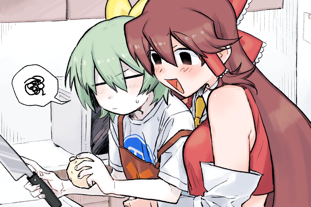 2girls alternate_costume apron bangs black_eyes blush bow breasts brown_eyes brown_hair closed_eyes closed_mouth commentary cookie_(touhou) crop_top daiyousei detached_sleeves diyusi_(cookie) frilled_bow frilled_hair_tubes frills gedougawa gradient_eyes green_hair hair_between_eyes hair_bow hair_tubes hakurei_reimu holding holding_knife knife large_breasts long_hair microwave multicolored multicolored_eyes multiple_girls noel_(cookie) open_mouth orange_apron red_bow red_shirt shirt sleeveless sleeveless_shirt spoken_squiggle squiggle t-shirt touhou upper_body white_shirt white_sleeves yellow_bow yellow_necktie