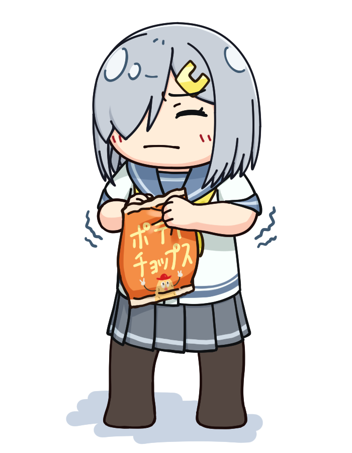 1girl bag_of_chips black_legwear blue_sailor_collar blush chips closed_eyes closed_mouth commentary_request eyebrows_visible_through_hair food grey_skirt hair_ornament hairclip hama!_(3toshinhmkz) hamakaze_(kancolle) kantai_collection neckerchief open_bag pantyhose pleated_skirt sailor_collar school_uniform shadow shirt short_hair silver_hair simple_background skirt solo uniform white_background white_shirt yellow_neckwear