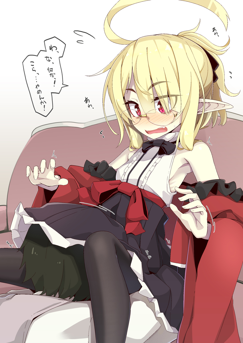 1boy 1girl ahoge airi_(ogami_kazuki) bags_under_eyes bangs black_bow black_bowtie black_legwear black_skirt blonde_hair blouse bow breasts commentary couch face_in_crotch fangs flying_sweatdrops glasses hair_between_eyes hair_bow hair_bun head_between_thighs hetero highres huge_ahoge jitome long_hair looking_at_another motion_lines ogami_kazuki open_mouth original pale_skin pantyhose pleated_skirt red_eyes ribs rimless_eyewear sidelocks sitting skinny skirt sleeveless_blouse slit_pupils small_breasts speech_bubble surprised tied_hair translated vampire