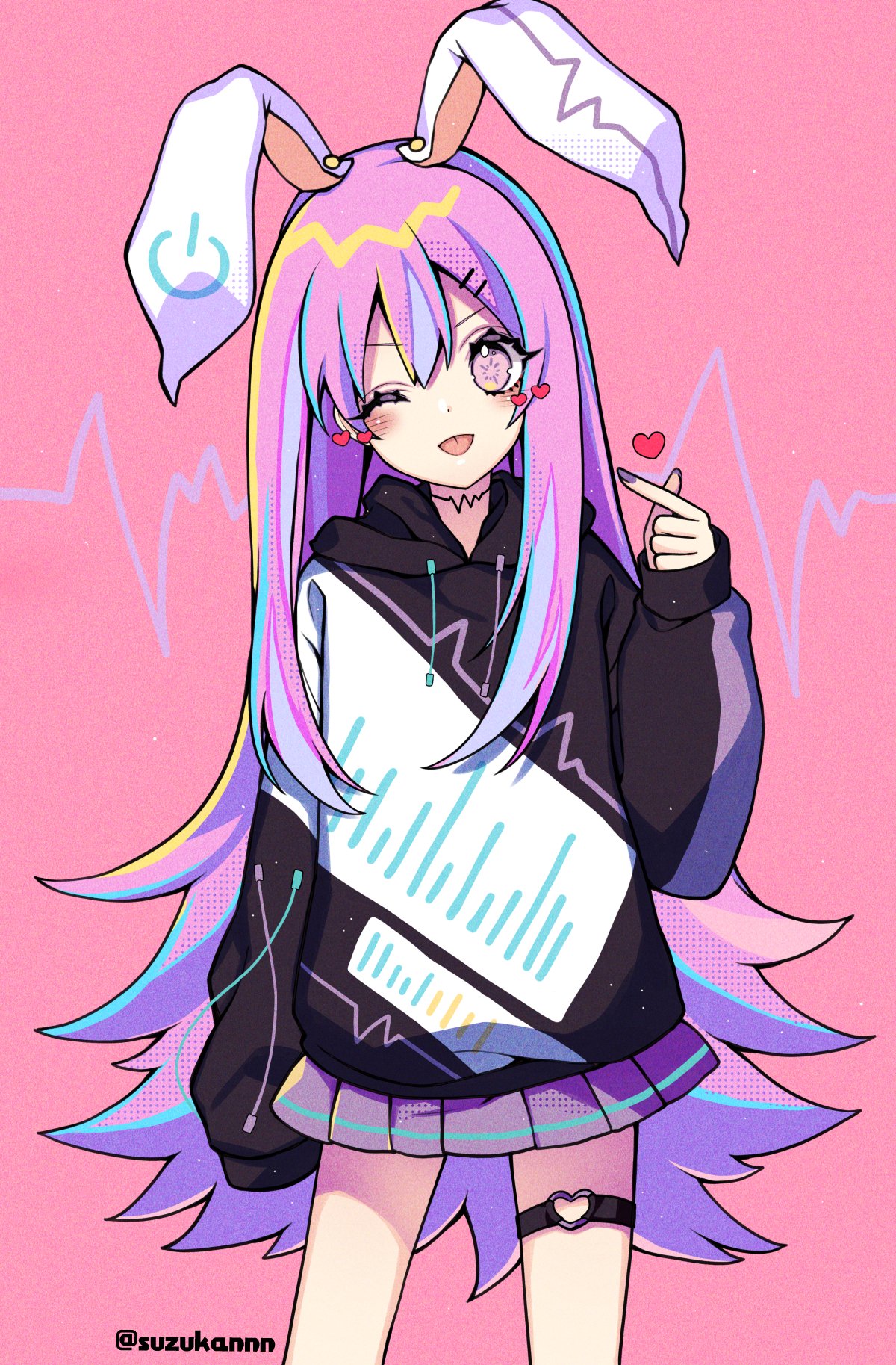 1girl alternate_costume alternate_hair_color animal_ears bangs black_hoodie blush commentary_request head_tilt heart highres hood hoodie index_finger_raised kyouda_suzuka long_hair long_sleeves looking_at_viewer microskirt nail_polish one_eye_closed pink_background pink_eyes pink_hair purple_nails purple_skirt rabbit_ears reisen_udongein_inaba sidelocks simple_background skirt sleeves_past_wrists solo standing thighlet thighs tongue tongue_out touhou twitter_username v-shaped_eyebrows