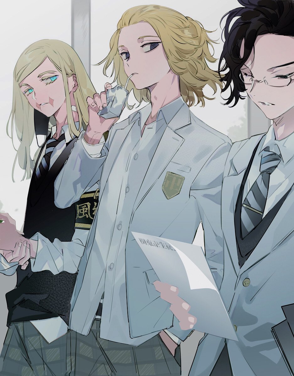 3boys aqua_eyes armband black_eyes black_hair black_vest blazer blonde_hair collared_shirt cowboy_shot drink drinking_straw drinking_straw_in_mouth empty_eyes glasses grey_neckwear grey_pants hand_in_pocket highres holding holding_drink holding_paper jacket juice_box kokonoi_hajime long_hair looking_at_viewer male_focus medium_hair multiple_boys necktie one_eye_closed pants paper parted_lips sano_manjirou sanzu_haruchiyo scar scar_on_face shirt standing striped striped_necktie striped_neckwear suou tokyo_revengers vest white_jacket white_shirt