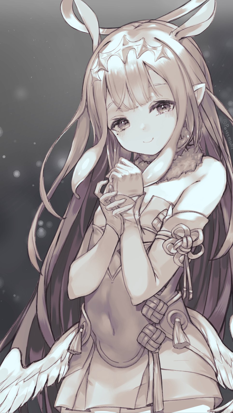 1girl bangs covered_navel detached_sleeves dress english_commentary fur_choker gloves greyscale hair_behind_ear highres hololive hololive_english long_hair low_wings mole mole_under_eye monochrome ninomae_ina'nis own_hands_together pointy_ears potssmann single_detached_sleeve smile solo strapless strapless_dress tearing_up tentacle_hair tube_dress unfinished very_long_hair virtual_youtuber wings