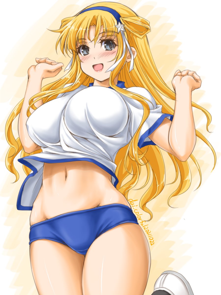 1girl akimoto_dai alternate_costume blonde_hair blue_buruma blue_hairband breasts buruma commentary_request cowboy_shot double_bun fletcher_(kancolle) groin gym_uniform hair_ornament hairband highres kantai_collection large_breasts long_hair looking_at_viewer navel one-hour_drawing_challenge remodel_(kantai_collection) shirt smile solo star_(symbol) star_hair_ornament t-shirt violet_eyes white_shirt
