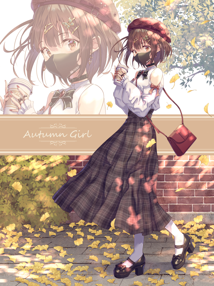 1girl bag bangs beret black_bowtie black_choker black_footwear blush brown_eyes brown_hair brown_skirt butterfly_hair_ornament choker clothing_cutout commentary cup disposable_cup earrings english_commentary eyebrows_visible_through_hair full_body ginkgo_leaf hair_ornament hairclip hat hirokazu_(analysis-depth) holding holding_cup jewelry long_sleeves looking_at_viewer mask mouth_mask multiple_rings nail_polish original pantyhose plaid plaid_skirt puffy_long_sleeves puffy_sleeves red_headwear red_nails ring shirt shoes short_hair shoulder_bag shoulder_cutout skirt solo standing white_legwear white_shirt