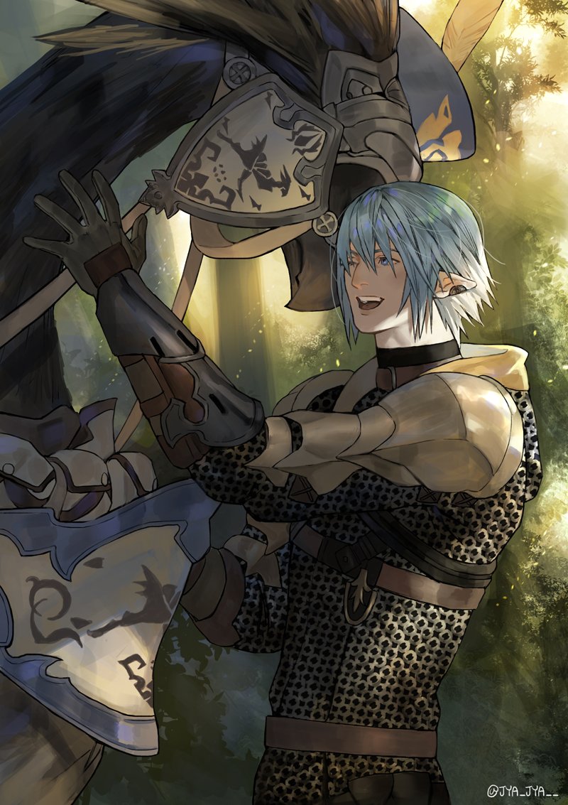 1boy arm_up armor bangs black_gloves blue_eyes blue_hair chainmail chest_belt chocobo cowboy_shot earclip elezen elf final_fantasy final_fantasy_xiv forest from_side gloves haurchefant_greystone jya male_focus nature one_eye_closed open_mouth outdoors pauldrons pointy_ears pouch reins shield short_hair shoulder_armor smile solo standing tree twitter_username vambraces