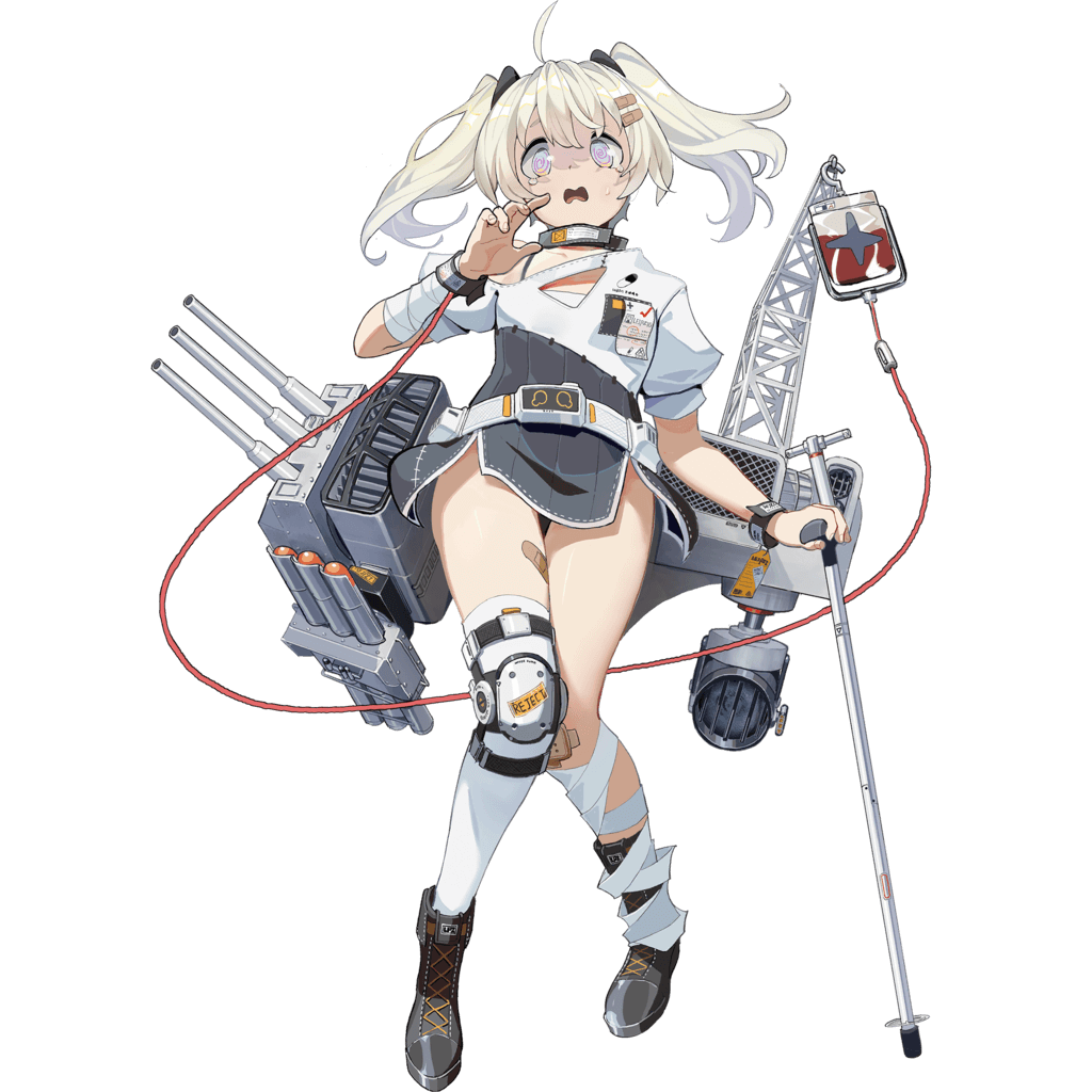 1girl @_@ ahoge bandaged_arm bandaged_leg bandages bandaid bandaid_hair_ornament bandaid_on_leg bangs black_footwear black_surge_night blonde_hair boots breasts full_body hair_ornament knee_pads leipzig_(black_surge_night) looking_at_viewer official_art open_mouth rigging searchlight short_sleeves single_thighhigh solo sweat tears thigh-highs transparent_background twintails walking_stick waterkuma white_legwear