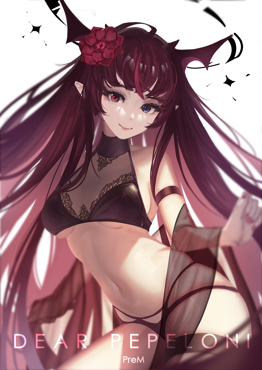 1girl arm_strap black_panties blue_eyes breasts clenched_hand flower hair_flower hair_ornament halter_top halterneck heterochromia highres hololive hololive_english horns irys_(hololive) leaning_forward long_hair medium_breasts midriff multiple_horns navel panties pink_eyes pink_nails pointy_ears pretty_mundane purple_hair red_flower smile solo under_boob underwear very_long_hair virtual_youtuber