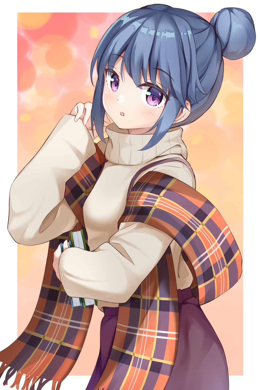1girl :o bangs blue_hair blush book brown_sweater commentary_request eyebrows_visible_through_hair fringe_trim hair_bun hand_up highres holding holding_book keito4f long_sleeves looking_at_viewer parted_lips plaid purple_skirt shawl shima_rin sidelocks skirt sleeves_past_wrists solo sweater turtleneck turtleneck_sweater violet_eyes yurucamp