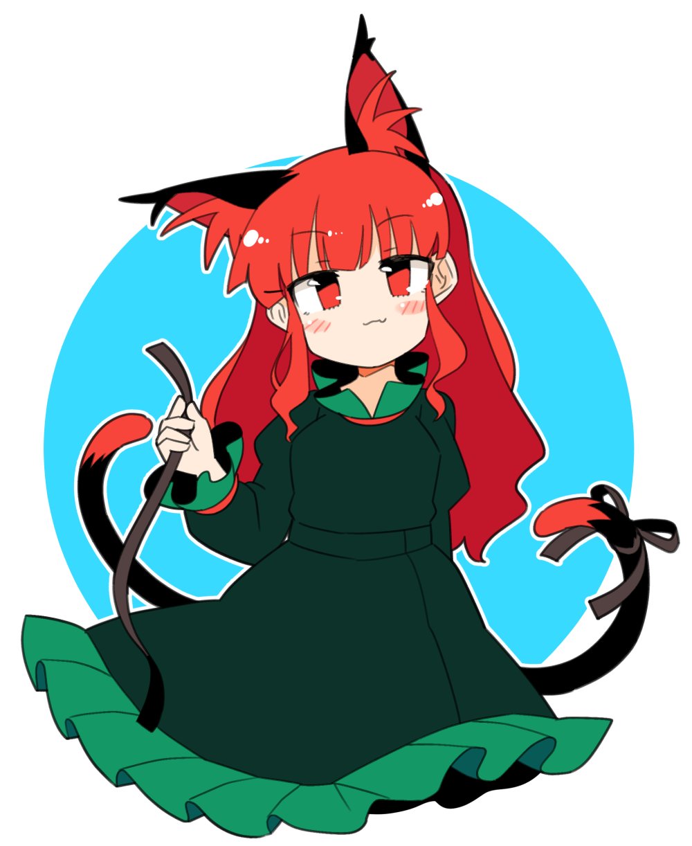 1girl alternate_hairstyle animal_ear_fluff animal_ears arm_behind_back bangs cat_ears cat_tail closed_mouth cropped_legs dress eyebrows_visible_through_hair fang frilled_dress frills green_dress highres ini_(inunabe00) juliet_sleeves kaenbyou_rin long_hair long_sleeves looking_at_viewer multiple_tails nekomata puffy_sleeves red_eyes redhead skin_fang smile tail touhou two_tails