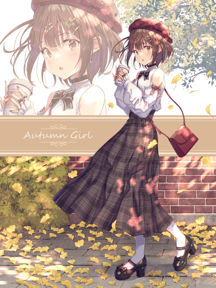1girl bag bangs beret black_bowtie black_choker black_footwear blush brown_eyes brown_hair brown_skirt butterfly_hair_ornament choker clothing_cutout commentary cup disposable_cup earrings english_commentary eyebrows_visible_through_hair full_body ginkgo_leaf hair_ornament hairclip hat hirokazu_(analysis-depth) holding holding_cup jewelry long_sleeves looking_at_viewer multiple_rings nail_polish original pantyhose parted_lips plaid plaid_skirt puffy_long_sleeves puffy_sleeves red_headwear red_nails ring shirt shoes short_hair shoulder_bag shoulder_cutout skirt solo standing white_legwear white_shirt