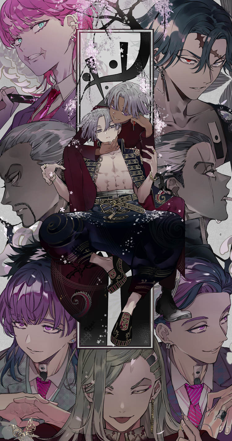 6+boys abs akashi_takeomi aqua_eyes bangs beard black_footwear black_hair black_jacket black_pants blonde_hair bracelet brothers cigarette closed_mouth coat collarbone earrings empty_eyes facial_hair full_body green_jacket grey_eyes hair_between_eyes hair_slicked_back haitani_ran haitani_rindou hands_up heterochromia highres hitto_kakuchou jacket jewelry kokonoi_hajime kurokawa_izana long_hair long_sleeves looking_away male_focus mochizuki_kanji mouth_hold multiple_boys neck_tattoo necktie open_clothes open_jacket own_hands_together pants pink_hair pink_neckwear profile purple_hair purple_jacket red_coat red_eyes ring sano_manjirou sanzu_haruchiyo scar scar_across_eye scar_on_face scar_on_forehead shoes short_hair siblings single_earring sitting smile suou tattoo tokyo_revengers tongue tongue_out tsurime upper_body violet_eyes white_hair