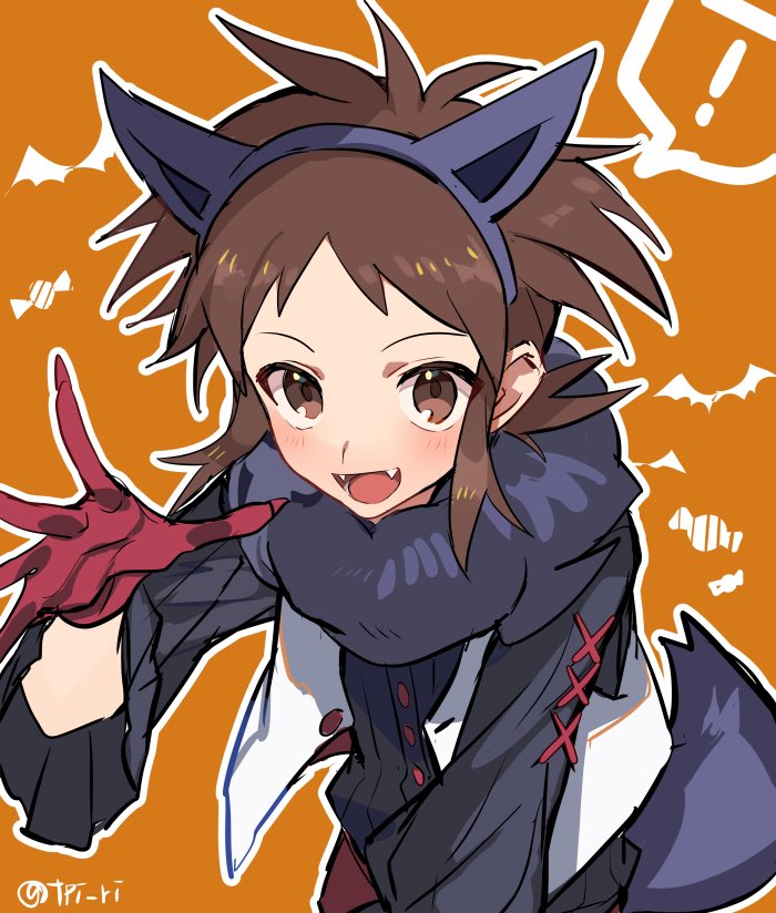 ! 1boy :d animal_ears bangs blush brown_eyes brown_hair buttons commentary_request gloves hairband hand_up male_focus nate_(pokemon) open_clothes open_mouth open_vest orange_background outline pokemon pokemon_(game) pokemon_bw2 red_gloves scarf shirt smile solo spoken_exclamation_mark tail teeth tongue tpi_ri twitter_username vest white_vest