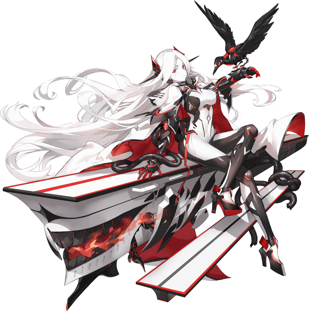1girl animal_on_arm armor bangs bird bird_on_arm black_surge_night bodysuit breasts closed_mouth colored_skin criin crossed_legs flight_deck full_body headgear high_heels hood hood_down large_breasts long_hair looking_at_viewer midway_(black_surge_night) official_art pale_skin red_eyes rigging sitting transparent_background tube very_long_hair white_hair white_skin