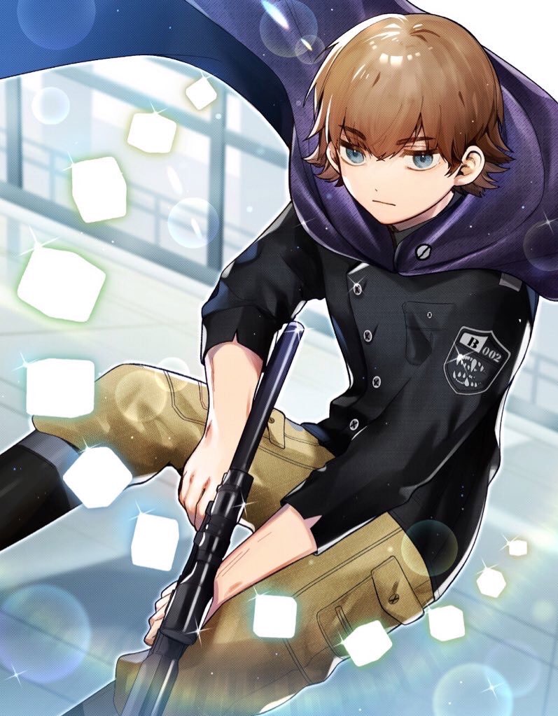 1boy black_eyes black_footwear black_jacket boots brown_hair brown_pants closed_mouth cube ema_yuzuru feet_out_of_frame gun holding holding_gun holding_weapon jacket long_sleeves looking_at_viewer male_focus pants pbn_(user_cdey3224) rifle short_hair sparkle standing weapon world_trigger