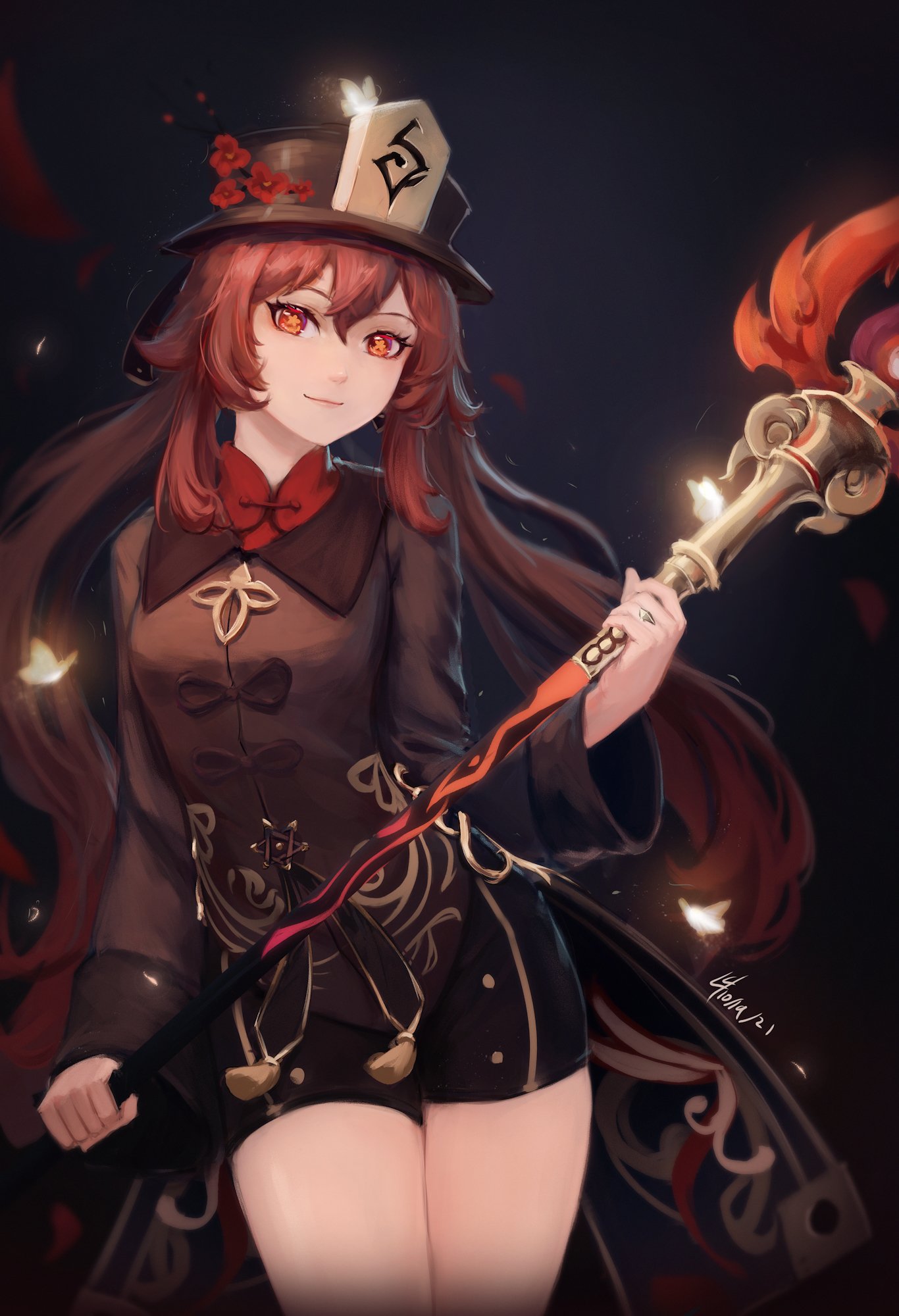 1girl black_headwear black_shorts brown_hair bug butterfly cowboy_shot flower genshin_impact ghost hat highres holding holding_weapon hu_tao_(genshin_impact) jewelry l47draws long_hair long_sleeves looking_at_viewer plum_blossoms polearm red_eyes ring shorts smile solo star-shaped_pupils star_(symbol) symbol-shaped_pupils tailcoat top_hat twintails weapon