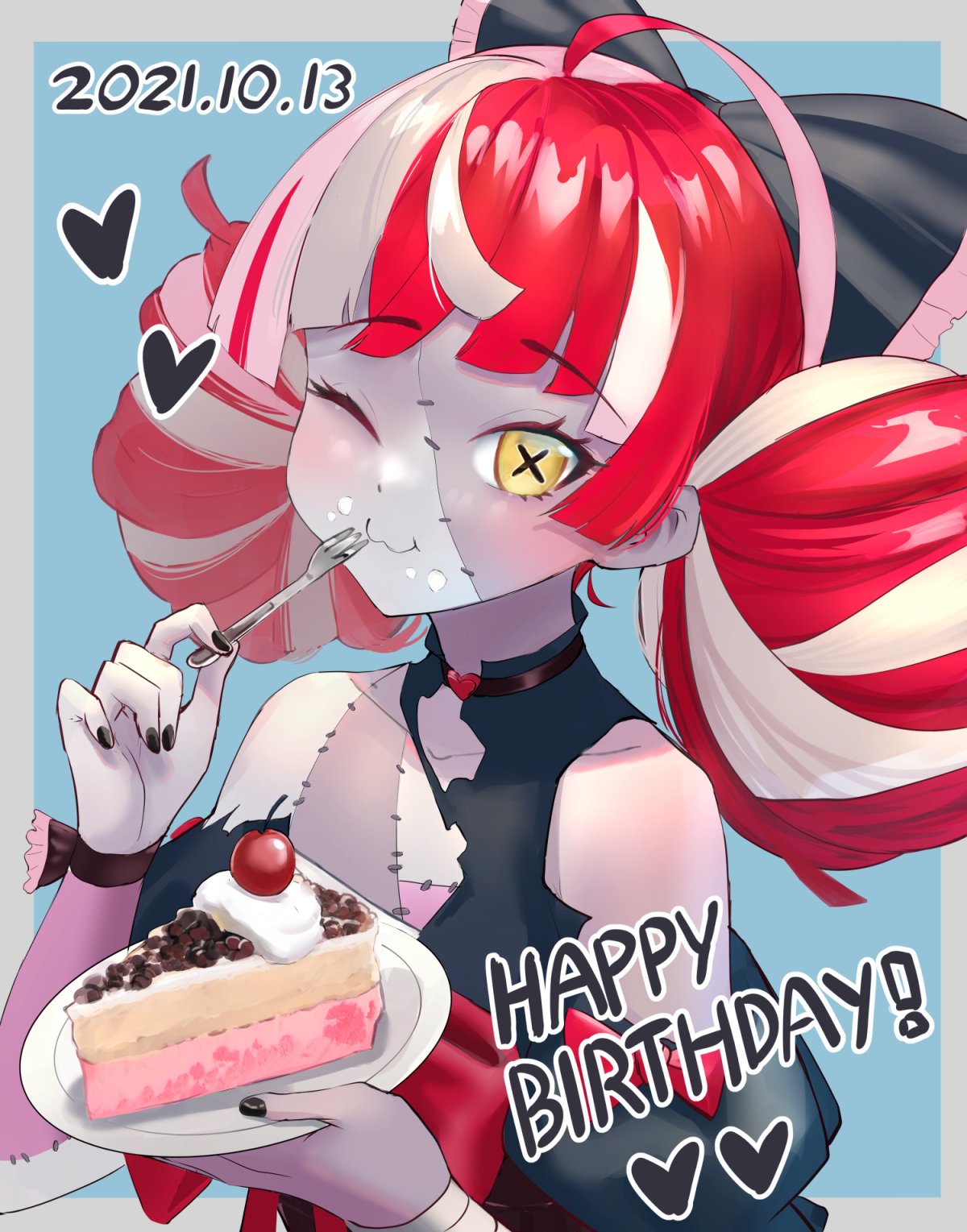 1girl ;3 ahoge bangs bare_shoulders black_bow black_dress black_nails blunt_bangs blunt_ends blush bow cake cake_slice closed_mouth colored_skin commentary dated double_bun dress dress_bow eating english_commentary eyebrows_visible_through_hair fingernails food fork grey_skin hair_bow happy_birthday highres holding holding_fork hololive hololive_indonesia kureiji_ollie long_hair looking_at_viewer multicolored multicolored_hair multicolored_skin one_eye_closed patchwork_skin pink_hair red_bow redhead silver_hair smile solo stitched_arm stitched_face stitched_torso stitches stone_(ksorede) symbol-shaped_pupils torn_clothes torn_dress two-tone_skin upper_body virtual_youtuber white_skin x-shaped_pupils yellow_eyes zombie