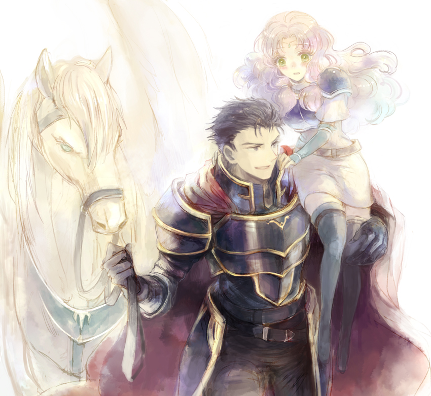 1boy 1girl armor black_gloves black_hair black_pants blush boots breastplate cape carrying dress faulds fire_emblem fire_emblem:_the_blazing_blade floating_hair florina_(fire_emblem) gloves green_eyes grey_footwear grin hector_(fire_emblem) kuzumosu long_hair pants pegasus red_cape short_dress short_hair shoulder_armor silver_hair smile thigh-highs thigh_boots very_long_hair white_dress zettai_ryouiki