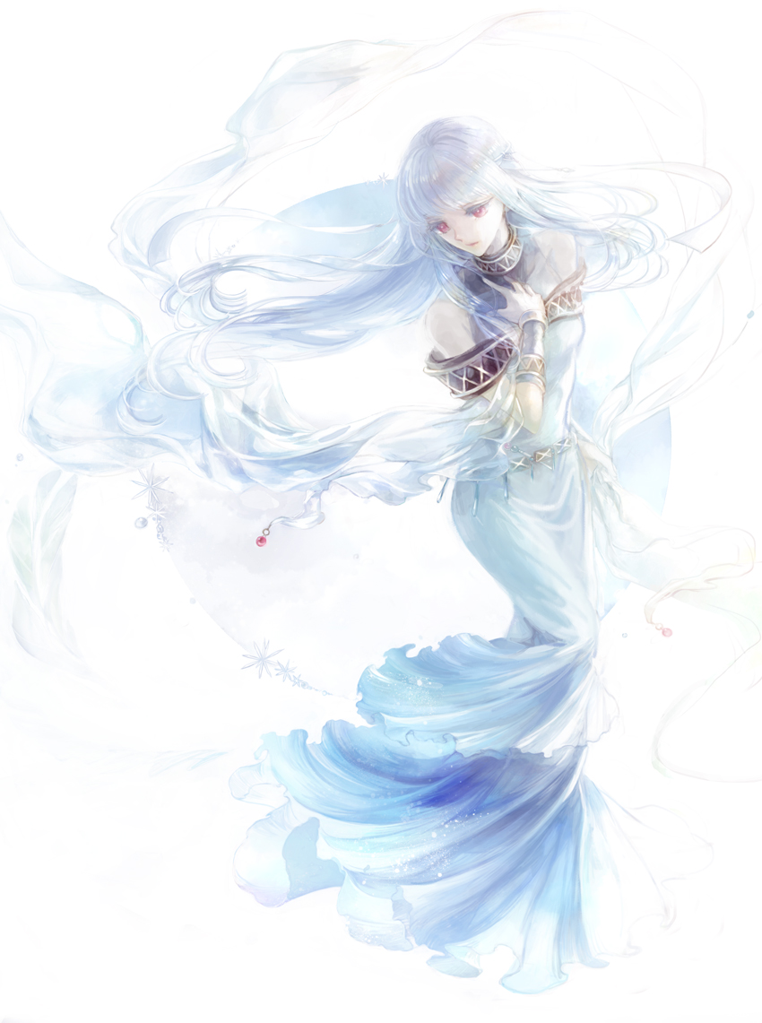 1girl detached_sleeves dress fire_emblem fire_emblem:_the_blazing_blade floating_hair full_body kuzumosu layered_dress long_dress long_hair long_sleeves looking_down ninian_(fire_emblem) parted_lips red_eyes sash silver_hair simple_background sleeveless sleeveless_dress solo standing very_long_hair white_background white_dress white_sleeves