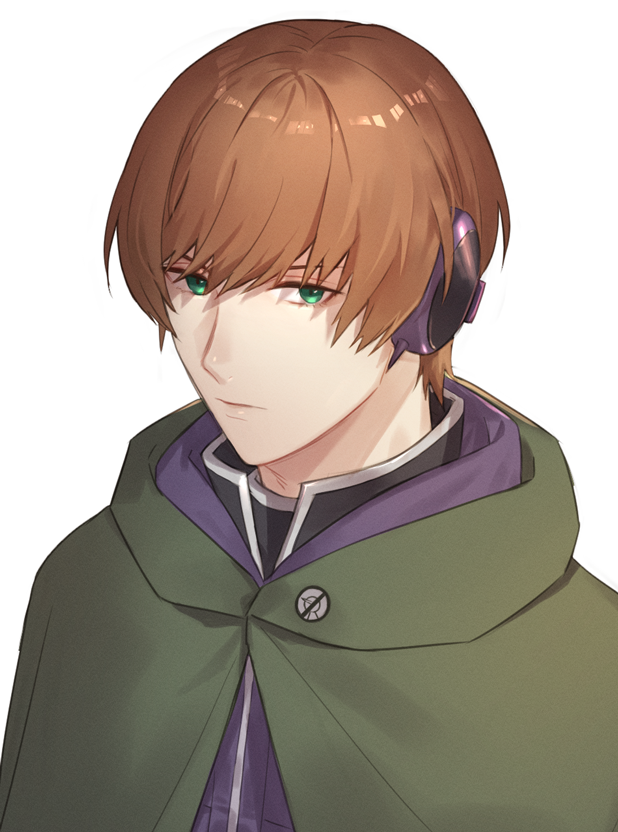 1boy bangs berry_o_t brown_hair cloak closed_mouth green_cloak green_eyes jacket looking_at_viewer male_focus narasaka_touru purple_jacket short_hair simple_background solo upper_body white_background world_trigger
