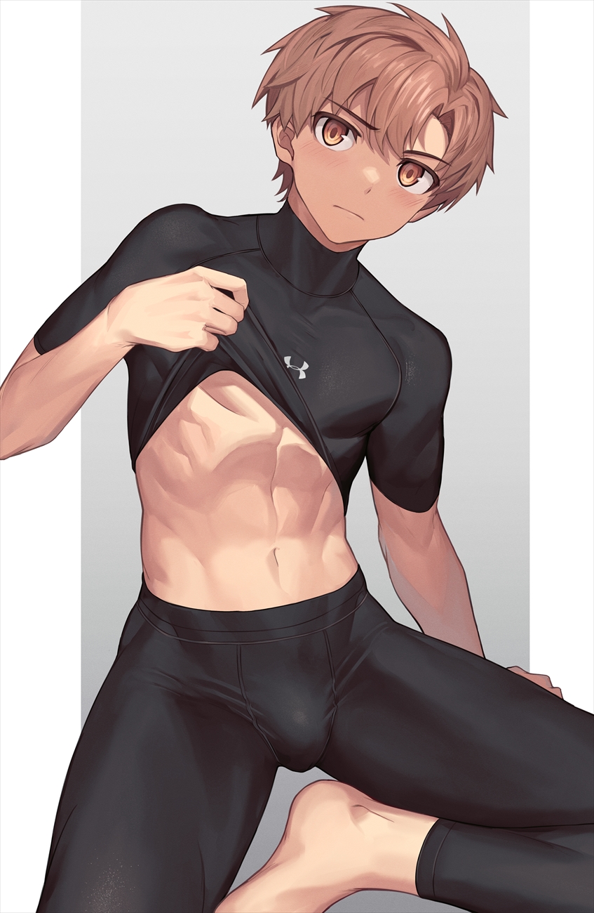1boy arm_support bangs barefoot black_legwear black_shirt blush brown_eyes brown_hair bulge clothes_lift hand_up head_tilt highres leggings lifted_by_self light_frown looking_at_viewer male_focus navel original outside_border r-744 shirt shirt_lift short_hair short_sleeves sitting solo spread_legs turtleneck under_armour