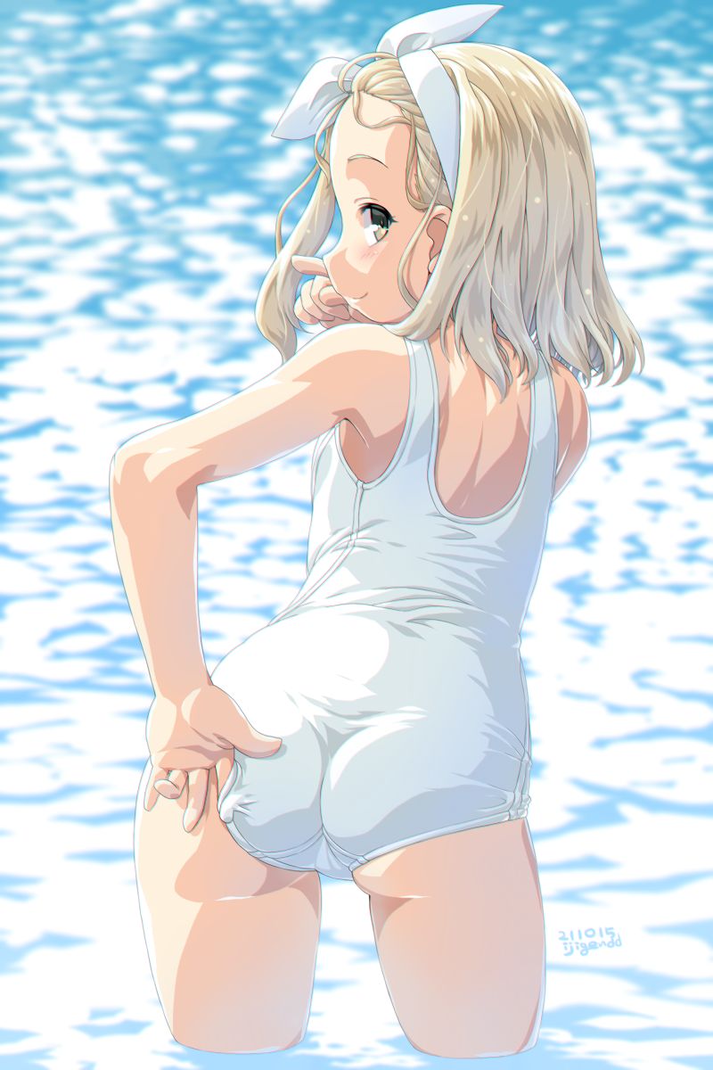 1girl adjusting_clothes adjusting_swimsuit ass blonde_hair blush dated dd_(ijigendd) from_behind hairband head_tilt highres i-504_(kancolle) kantai_collection looking_at_viewer luigi_torelli_(kancolle) one-piece_swimsuit short_hair signature smile solo swimsuit wading water white_hairband white_swimsuit yellow_eyes