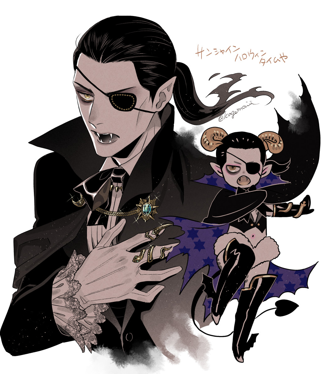 :o alternate_costume armor black_armor black_cape black_eyepatch black_neckwear boots cape chibi chibi_inset claw_ring crossdressing demon_horns eyepatch fangs gloves gold_horns hair_slicked_back halloween halloween_costume hand_on_own_chest horns kagemairi leg_up long_hair majima_gorou necktie open_mouth pointy_ears ponytail pose ryuu_ga_gotoku ryuu_ga_gotoku_0 sharp_teeth snake_ring star_(symbol) star_print teeth thigh-highs thigh_boots vampire vampire_costume white_background white_gloves yellow_background younger