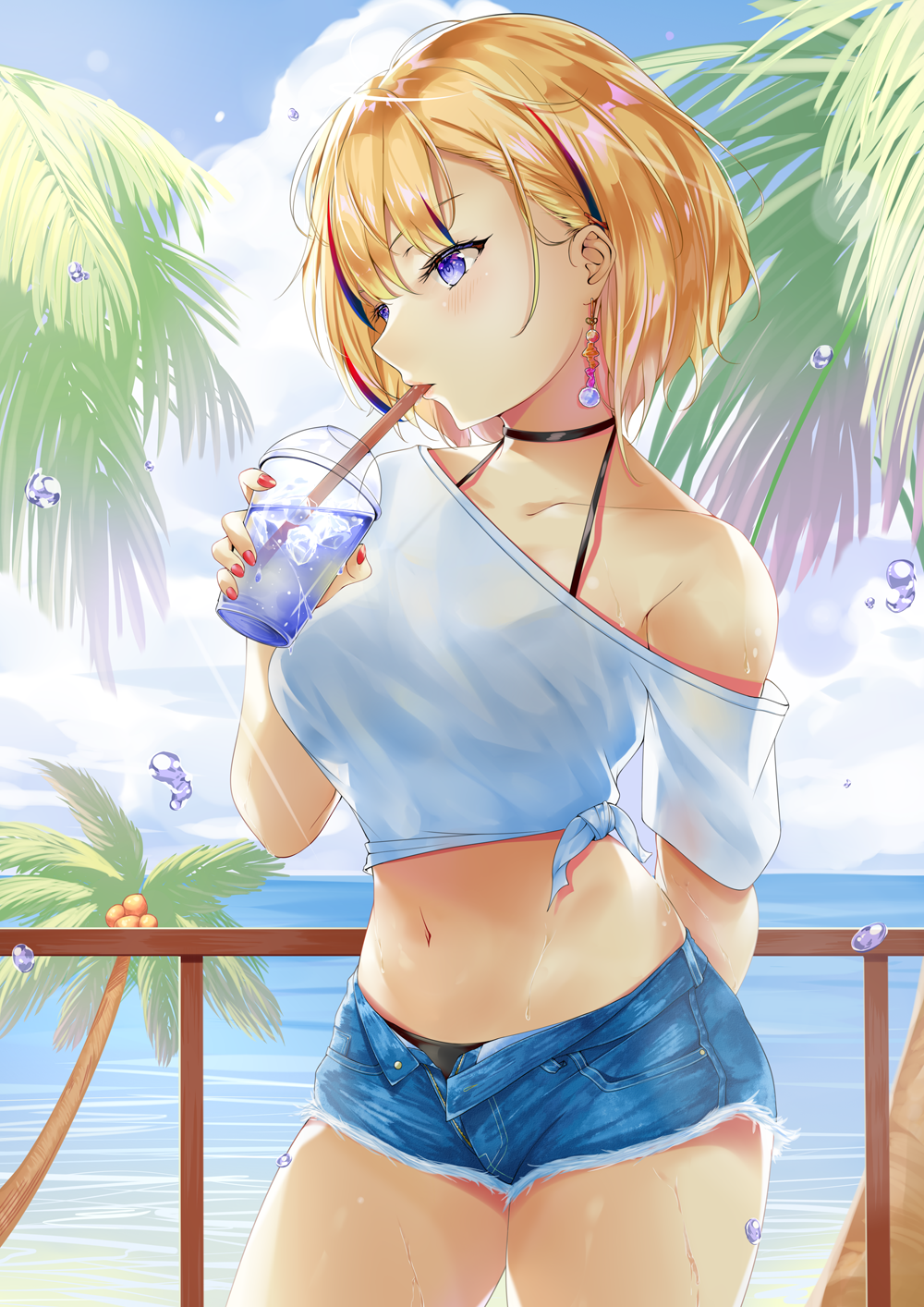 1girl bikini bikini_under_clothes black_bikini black_choker blonde_hair blue_shorts breasts choker clouds coconut coconut_tree collarbone cup cutoff_jeans cutoffs day denim denim_shorts disposable_cup drink drinking drinking_straw earrings hair_ornament hairclip halter_top halterneck highres holding holding_cup ice ice_cube jewelry kasoke_no_tsubasa looking_away medium_breasts midriff multicolored_hair nail_polish navel ocean off-shoulder_shirt off_shoulder open_clothes open_shorts original outdoors palm_tree purple_hair railing red_nails redhead see-through see-through_silhouette shirt short_shorts short_sleeves shorts single_bare_shoulder solo stomach streaked_hair swimsuit tied_shirt tree violet_eyes water water_drop wet white_shirt