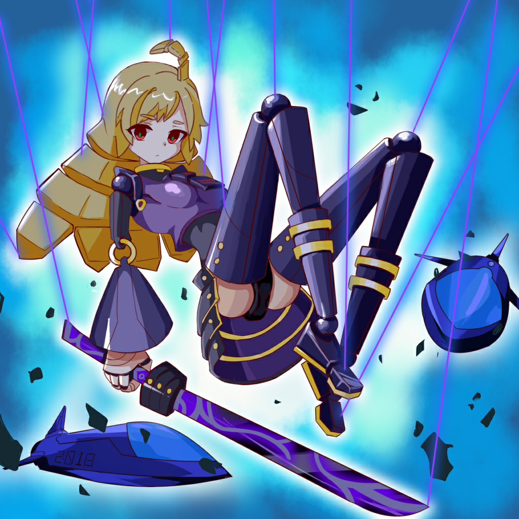 1girl blonde_hair blue_pupils darkness doll doll_joints duel_monster full_body holding holding_sword holding_weapon joints puppet_strings red_eyes rtsj shaddoll sky_striker_ace_-_raye solo sword weapon yu-gi-oh!