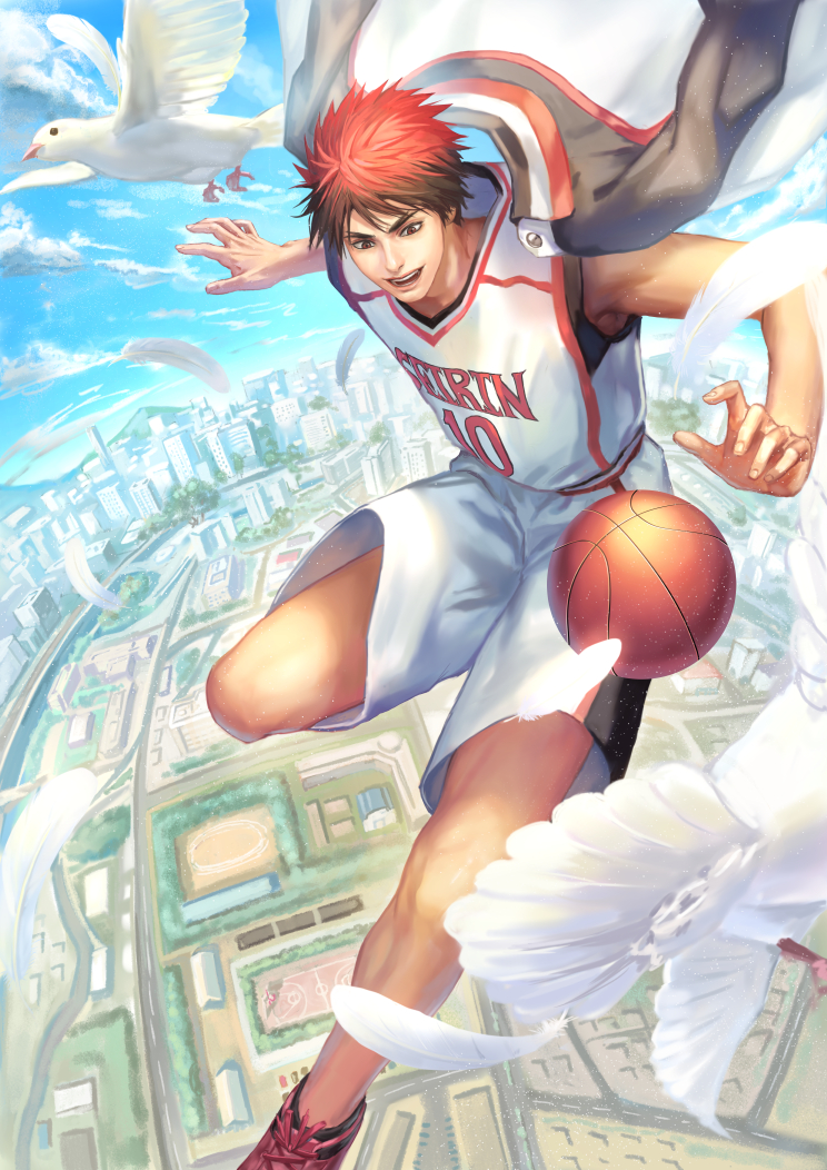 1boy :d ball basketball basketball_uniform bird blue_sky city clouds commentary_request eyebrows feathers floating jacket jersey kagami_taiga kuroko_no_basuke male_focus midair red_eyes redhead shoes short_hair shorts sky smile sneakers solo sportswear suiact