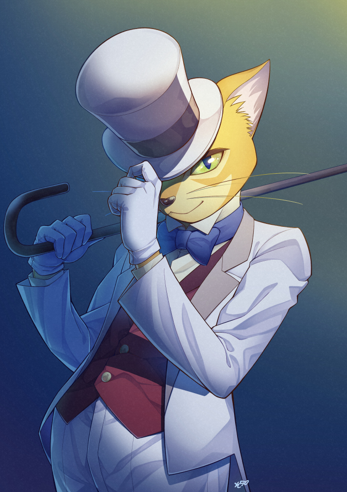 04sora40 1boy adjusting_clothes adjusting_headwear blue_bow blue_neckwear bow bowtie cane cat commentary formal gloves green_eyes hat looking_at_viewer neko_no_ongaeshi red_vest simple_background smile solo standing suit the_baron top_hat vest white_gloves