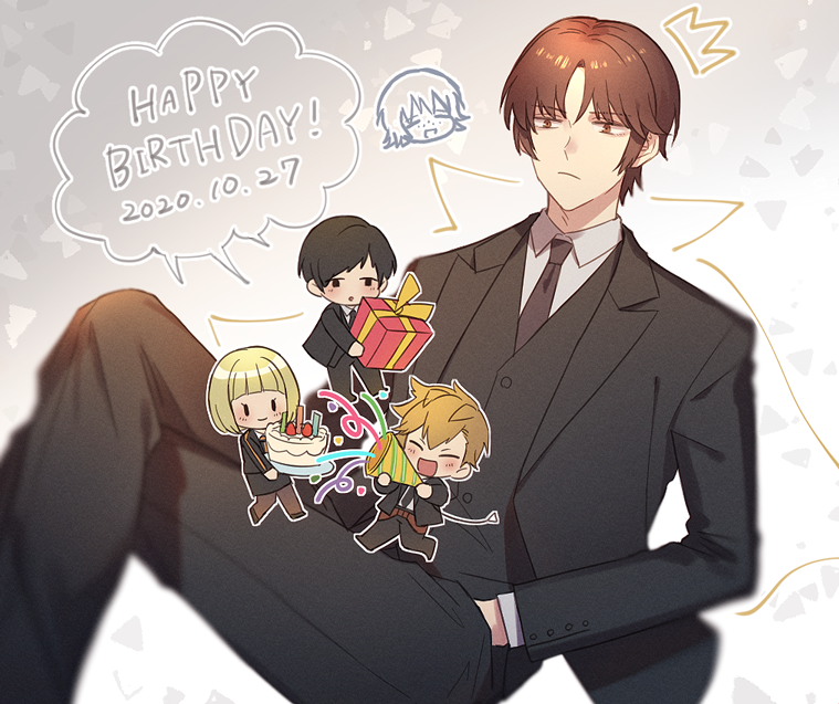 2girls 3boys bangs berry_o_t black_jacket black_neckwear black_pants black_suit black_vest blonde_hair bob_cut brown_eyes brown_hair cake chibi closed_mouth collared_shirt cowboy_shot crossed_legs dated dress_shirt food formal frown full_body gift hands_in_pockets happy_birthday hatohara_mirai hiyami_aki holding holding_plate inukai_sumiharu jacket long_sleeves multiple_boys multiple_girls necktie ninomiya_masataka pants parted_bangs party_popper plate shirt sitting tsuji_shinnosuke vest white_background white_shirt world_trigger